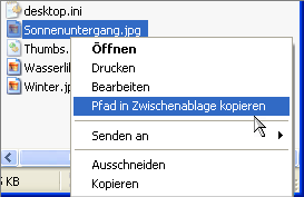Kontextmenü einer Datei mit Eintrag "Pfad in Zwischenablage kopieren"